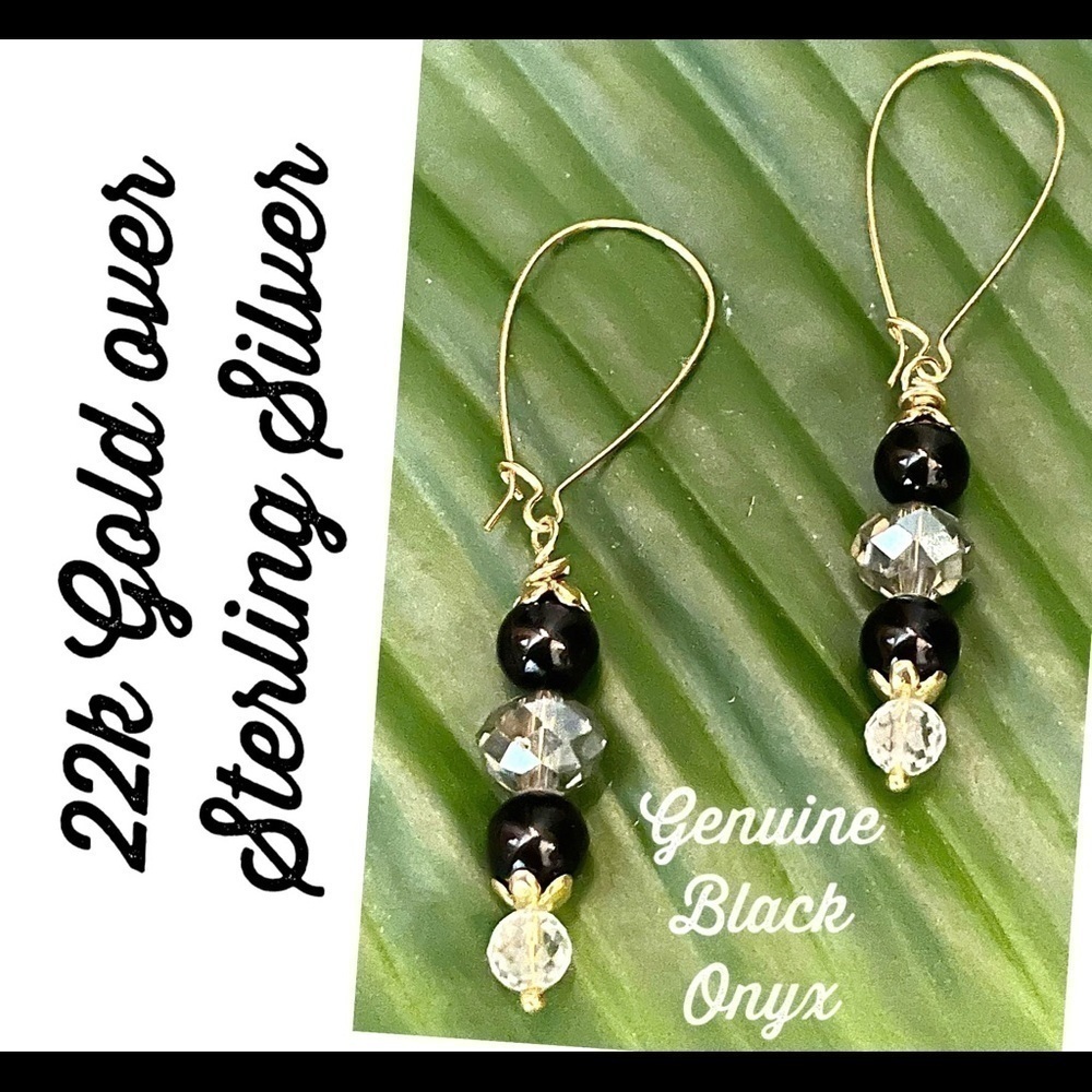 𝅺22KT Gold over Sterling Silver Earrings Genuine Black Onyx Crystal Modern Chic - Picture 2 of 7
